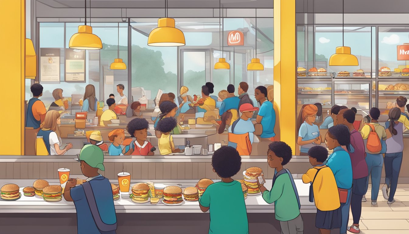 A bustling McDonald's breakfast rush, with iconic menu items like Egg McMuffins and hash browns being eagerly devoured by devoted customers