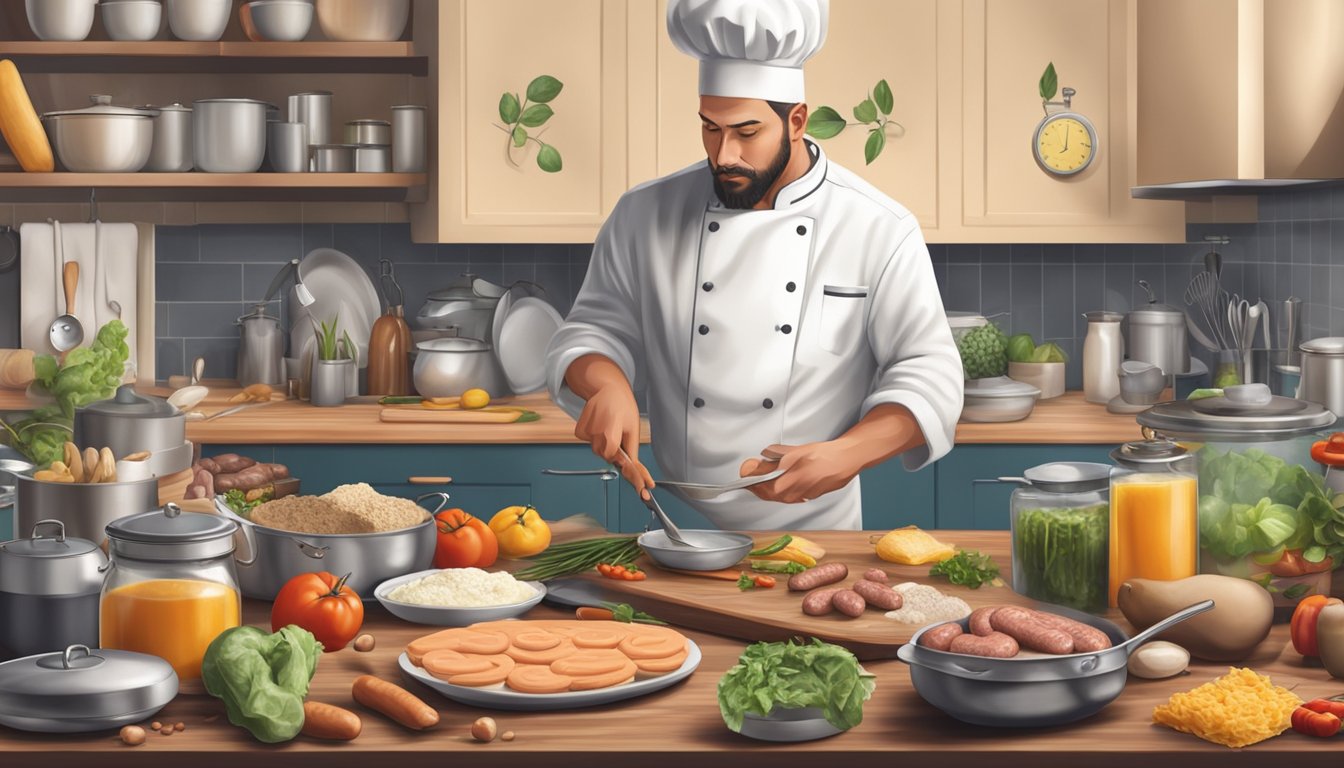 A chef in a kitchen, surrounded by various ingredients and cooking utensils, while preparing sausage patties for breakfast