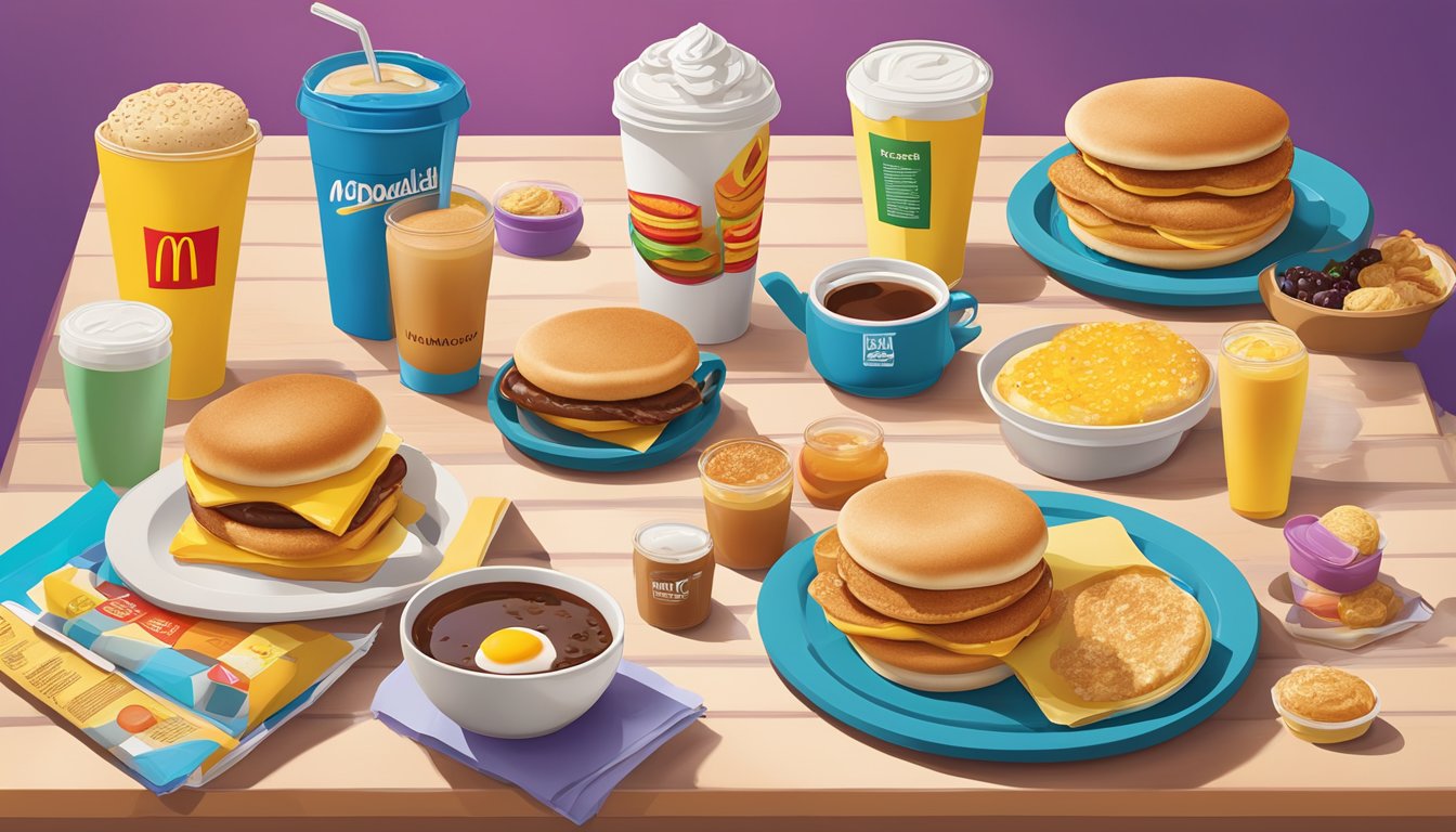 A colorful array of McDonald's breakfast items, including iconic favorites like the Egg McMuffin and hotcakes, arranged on a vibrant table with nutritional information displayed alongside each item