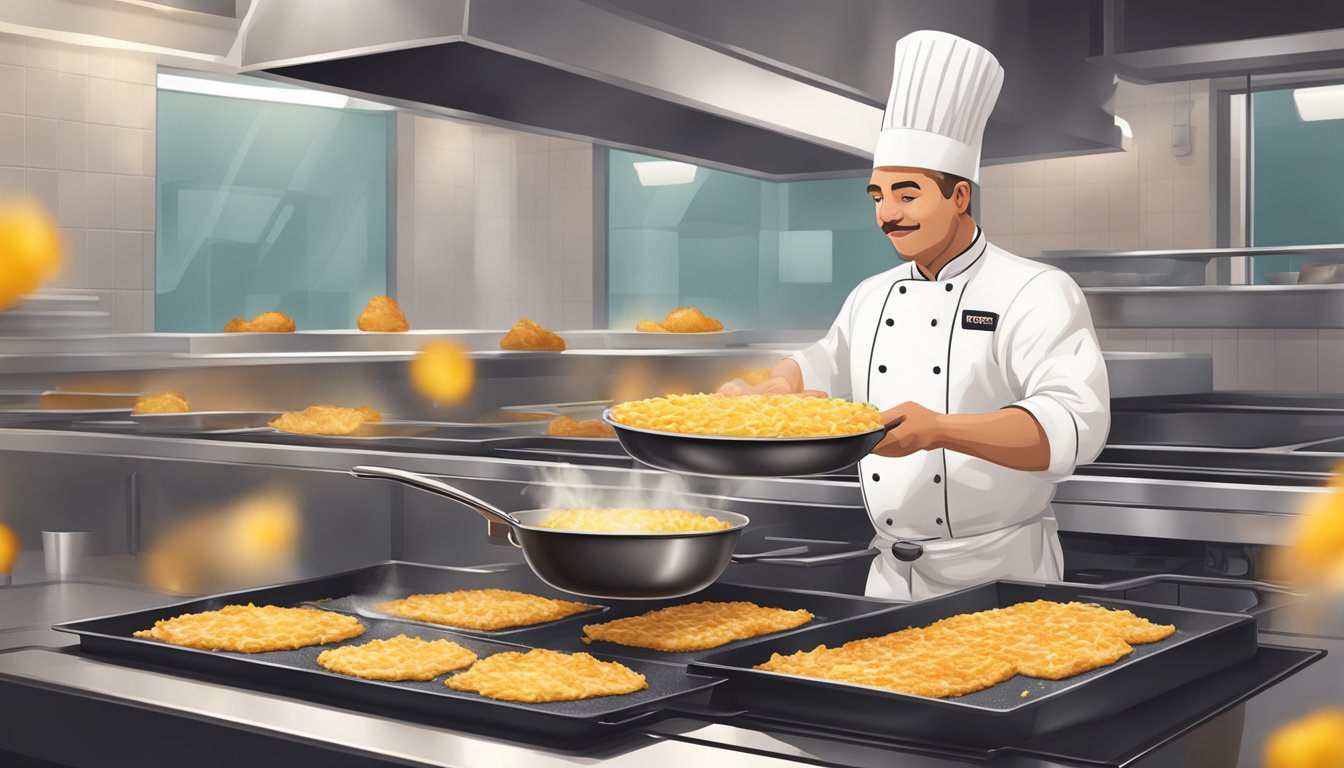 A chef cooking hash browns in a sizzling pan at a McDonald's kitchen