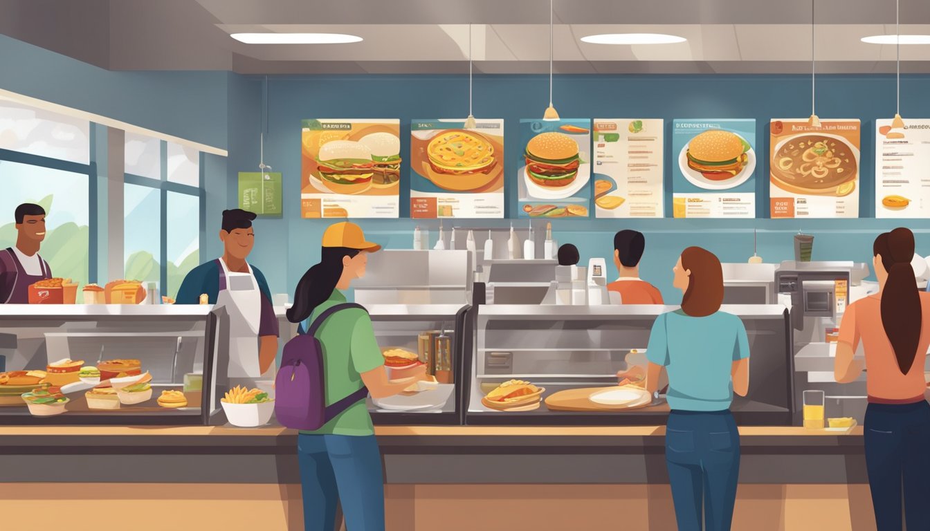 A bustling fast food restaurant with a variety of breakfast items displayed on the menu board. Customers ordering at the counter while employees prepare food in the kitchen