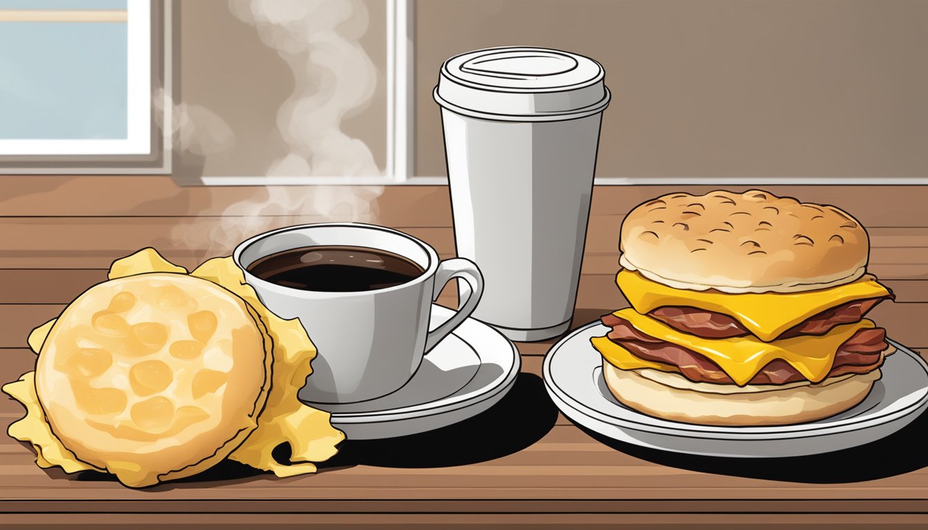 A sizzling bacon, egg, and cheese biscuit sits on a plate next to a steaming cup of coffee, with a McDonald's logo in the background