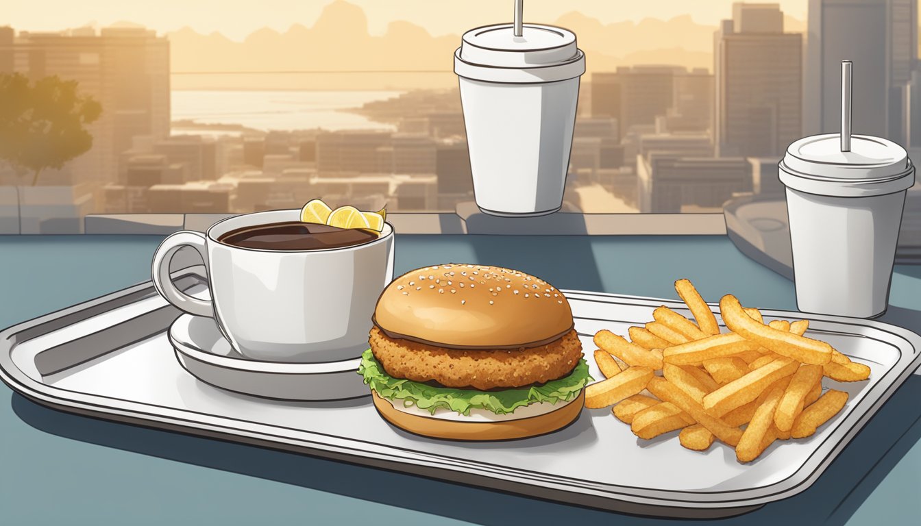 A golden-brown Ebi Filet-O Prawn Burger sits on a tray surrounded by a cup of hot coffee and a side of hash browns