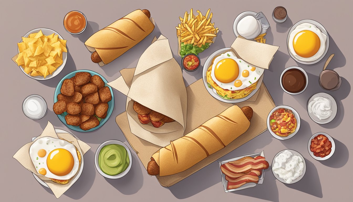 A sausage burrito surrounded by 7 McDonald's breakfast items, including eggs, sausage, and bacon, all arranged on a table