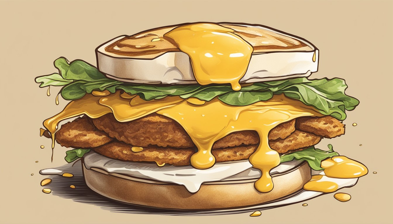 A golden, creamy sauce drizzled over a breakfast sandwich, with a tantalizing texture that oozes flavor and satisfaction