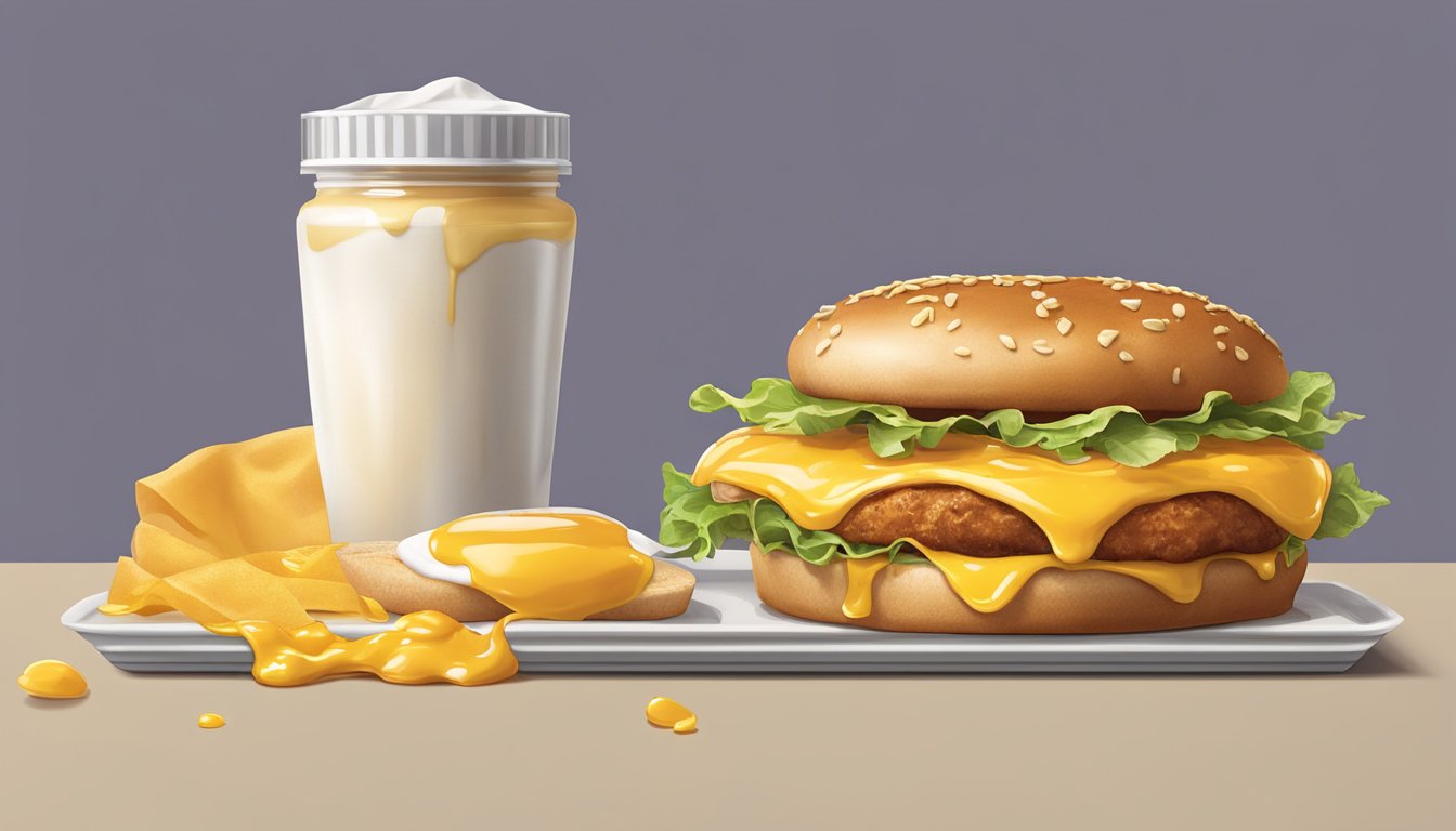 A golden, dripping breakfast sandwich sits next to a small container of McDonald's breakfast sauce, with a perfect balance of sweet and savory flavors