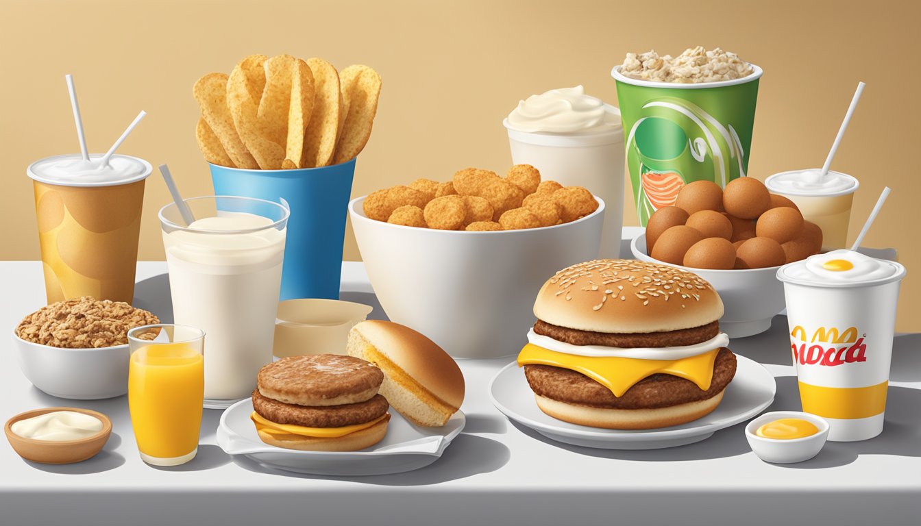 A table set with a variety of McDonald's breakfast items, including egg and sausage McMuffins, yogurt parfaits, and oatmeal, all arranged in an appealing display