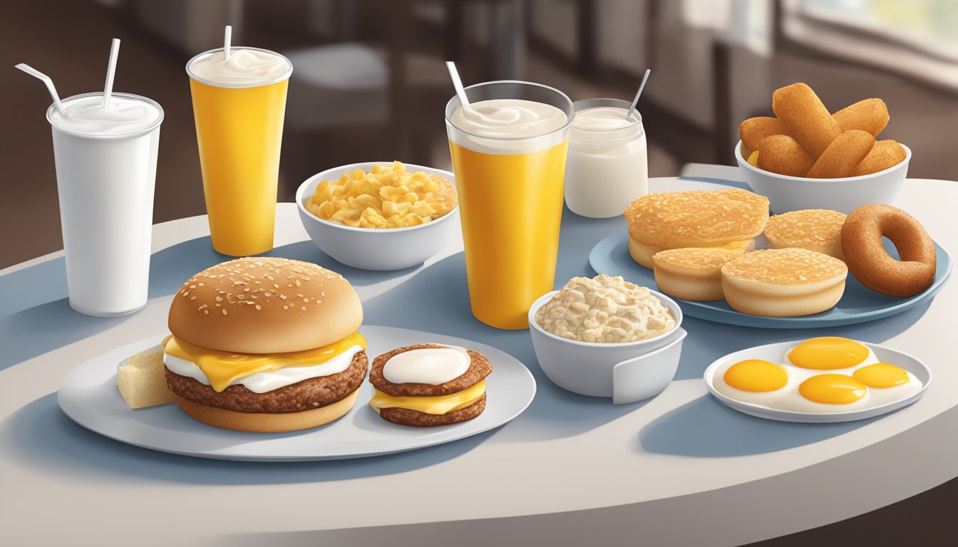 A table set with a variety of McDonald's breakfast items, including egg and sausage McMuffins, yogurt parfaits, and oatmeal, with a focus on the protein content