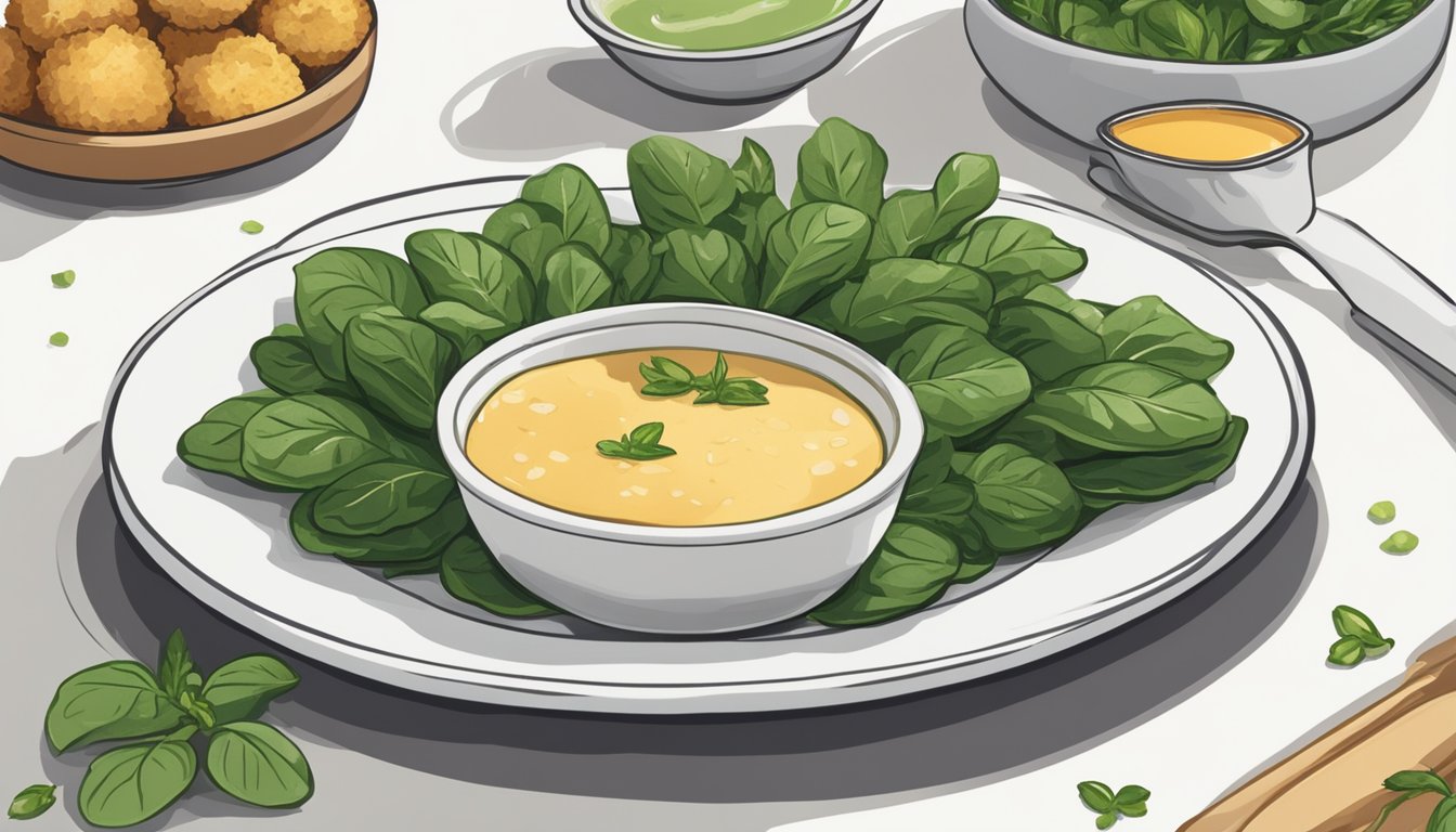 A plate of golden-brown spinach and Parmesan nuggets sits on a white table, with a side of dipping sauce and a garnish of fresh herbs