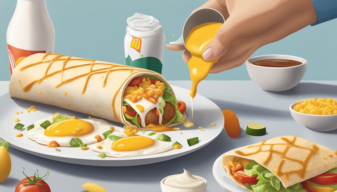 A breakfast burrito being drizzled with McDonald's breakfast sauce, with various ingredients scattered around