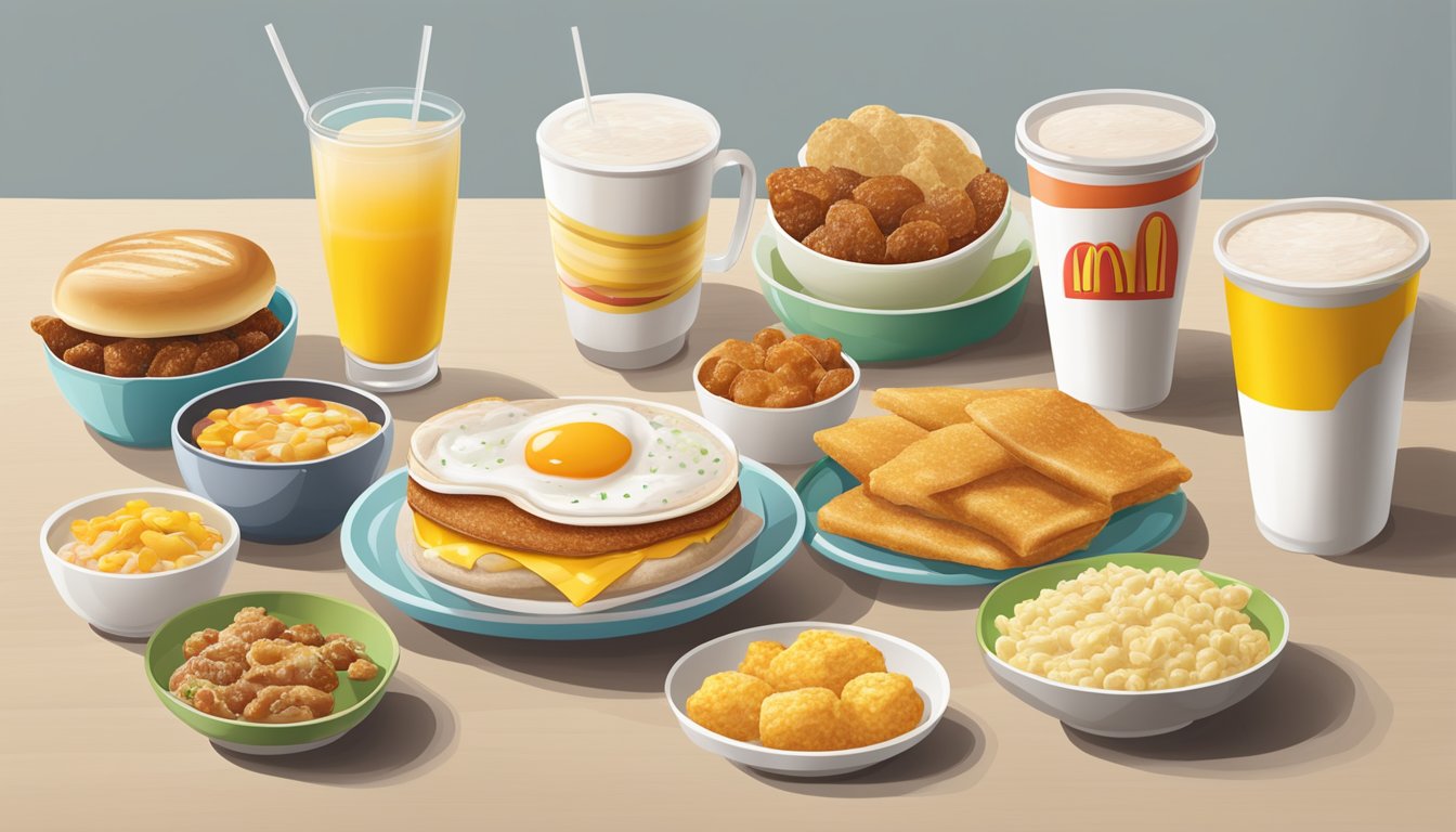 A table with a variety of unique McDonald's breakfast items from different countries, including McPorridge from Malaysia, arranged in an appealing and appetizing manner