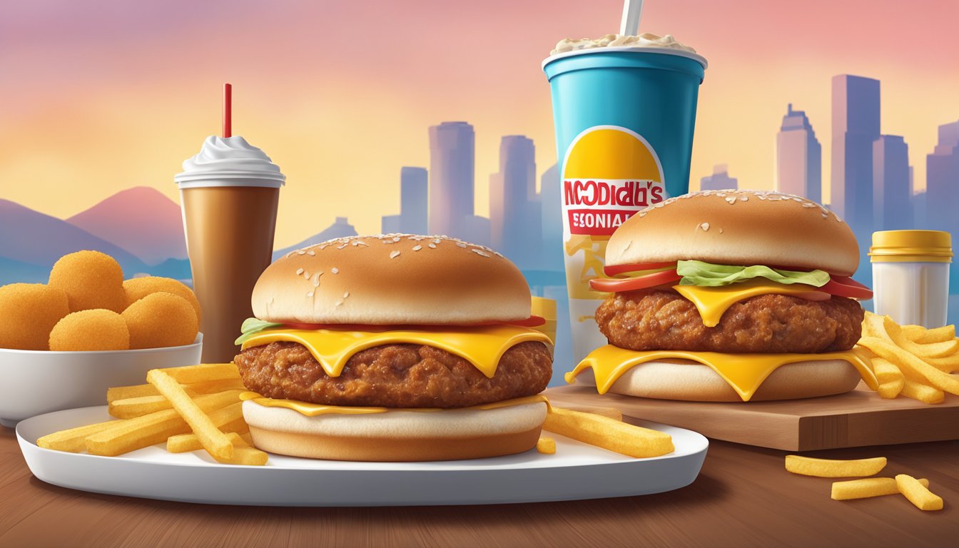 A sizzling McDonald's breakfast sandwich with the iconic golden arches in the background, surrounded by a variety of breakfast condiments