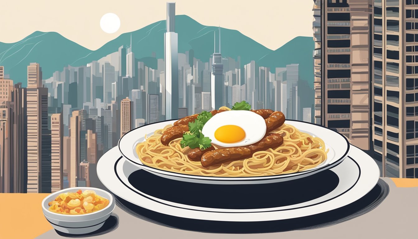 A steaming plate of twisty pasta with sausage and egg, set against a backdrop of Hong Kong's bustling streets