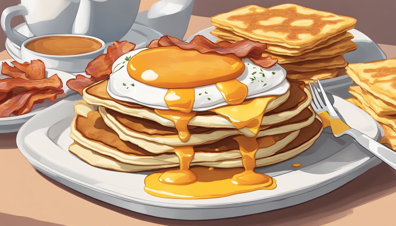 A sunny-side-up egg with McDonald's breakfast sauce drizzled over a stack of pancakes, bacon, and hash browns on a plate