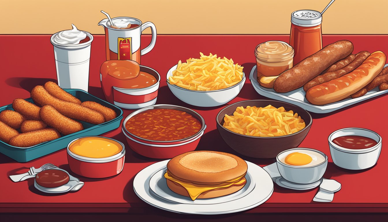 A table with a McDonald's breakfast spread, including sausages, eggs, and hash browns, all topped with the iconic breakfast sauce in a vibrant red hue