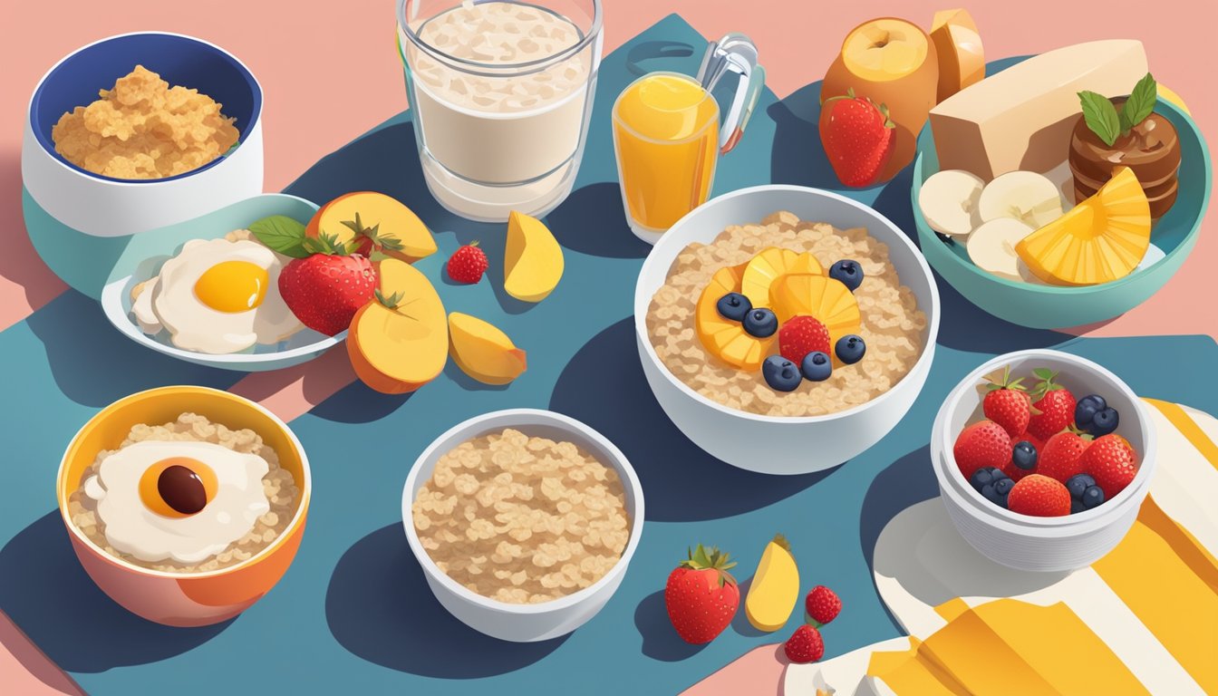 A colorful bowl of oatmeal with fruit and maple syrup, surrounded by six McDonald's breakfast items arranged neatly for meal prep