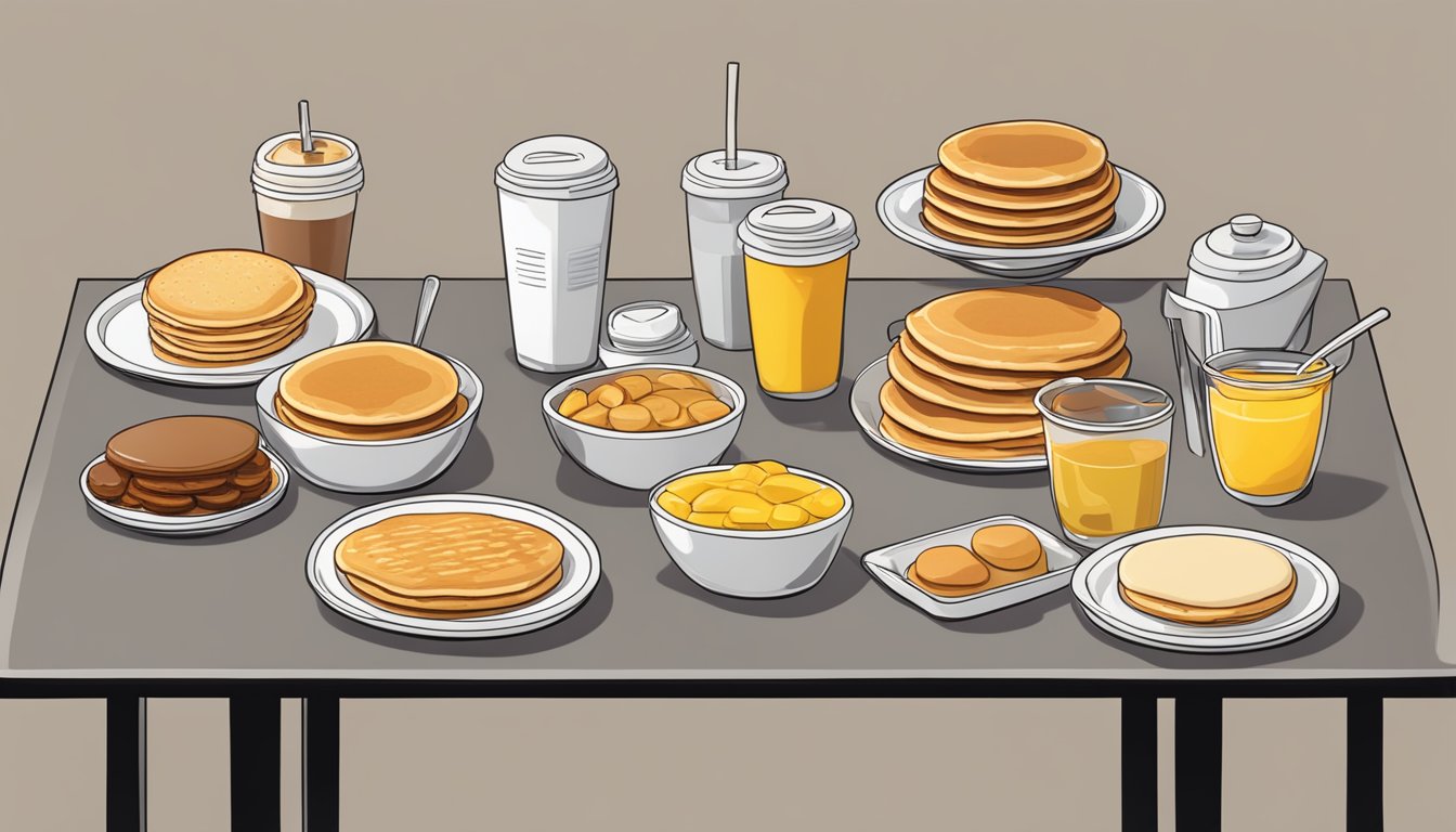 A table with neatly arranged hotcakes, along with other McDonald's breakfast items, ready for meal prep