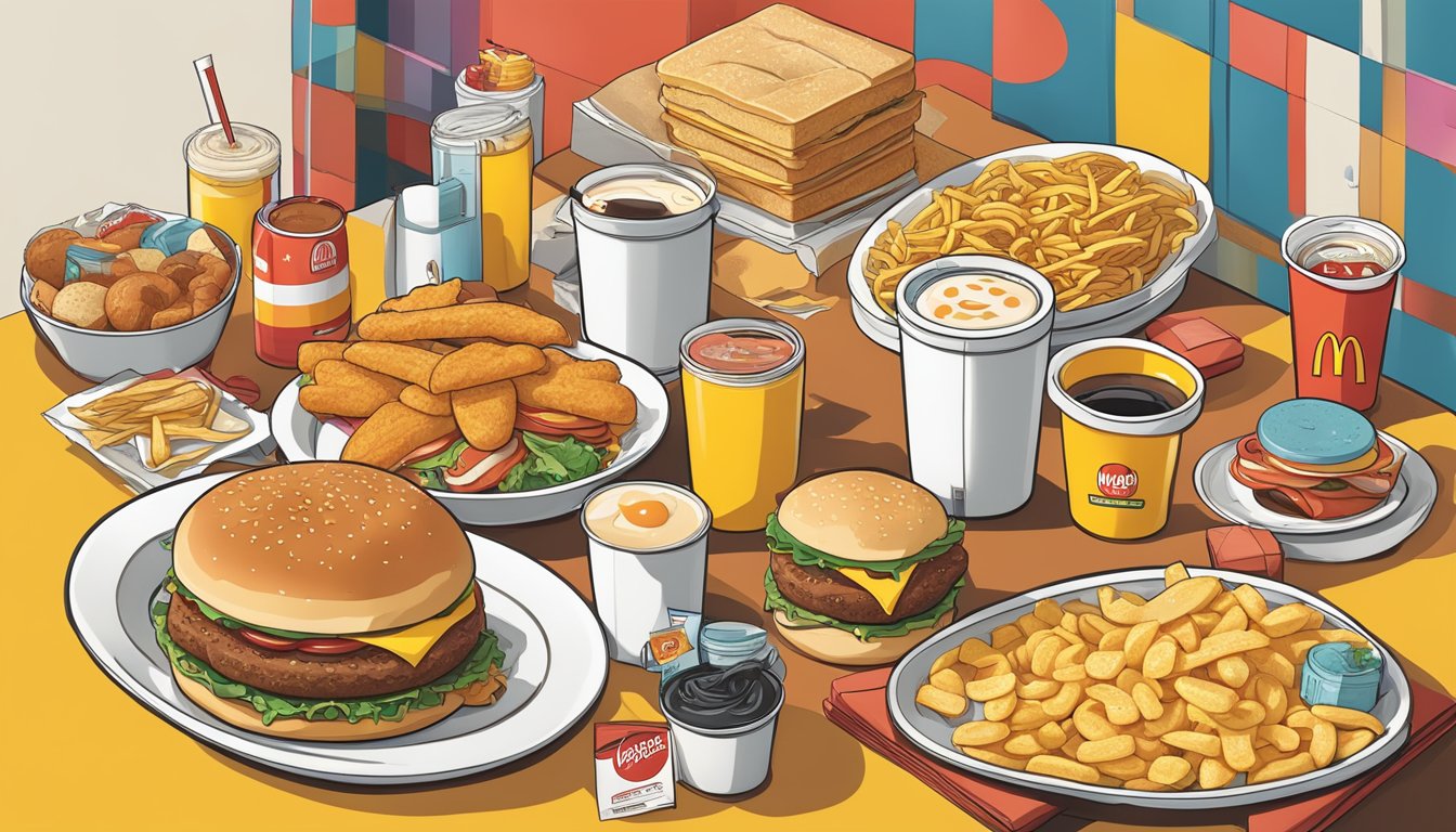 A table filled with iconic McDonald's breakfast items surrounded by pop culture symbols and references