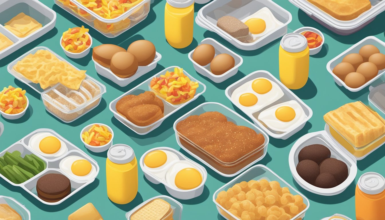 A kitchen counter with neatly arranged McDonald's breakfast items in meal prep containers