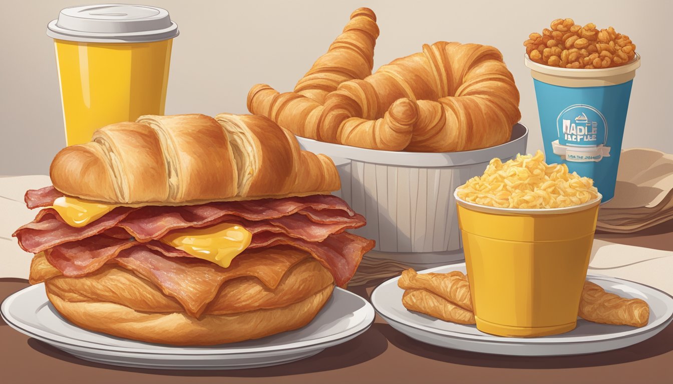 A flaky croissant filled with maple and bacon, surrounded by other breakfast menu items at McDonald's