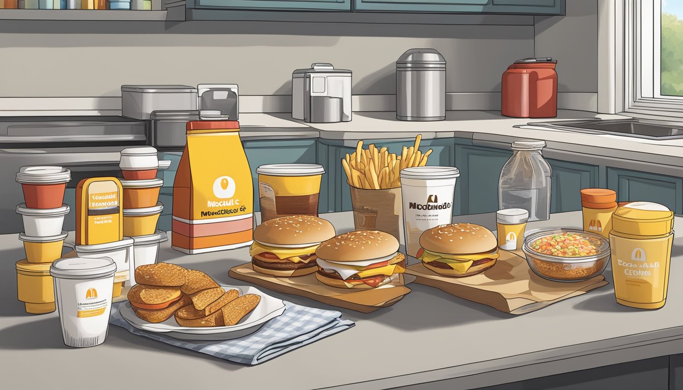 A kitchen counter with neatly arranged containers of McDonald's breakfast items, alongside labeled expiration dates