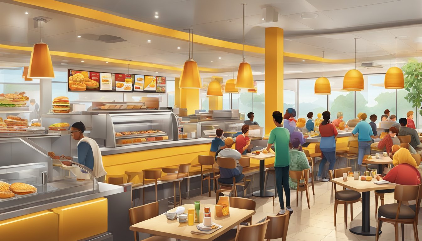 A bustling McDonald's restaurant with iconic golden arches, serving a variety of breakfast items to diverse customers from around the world