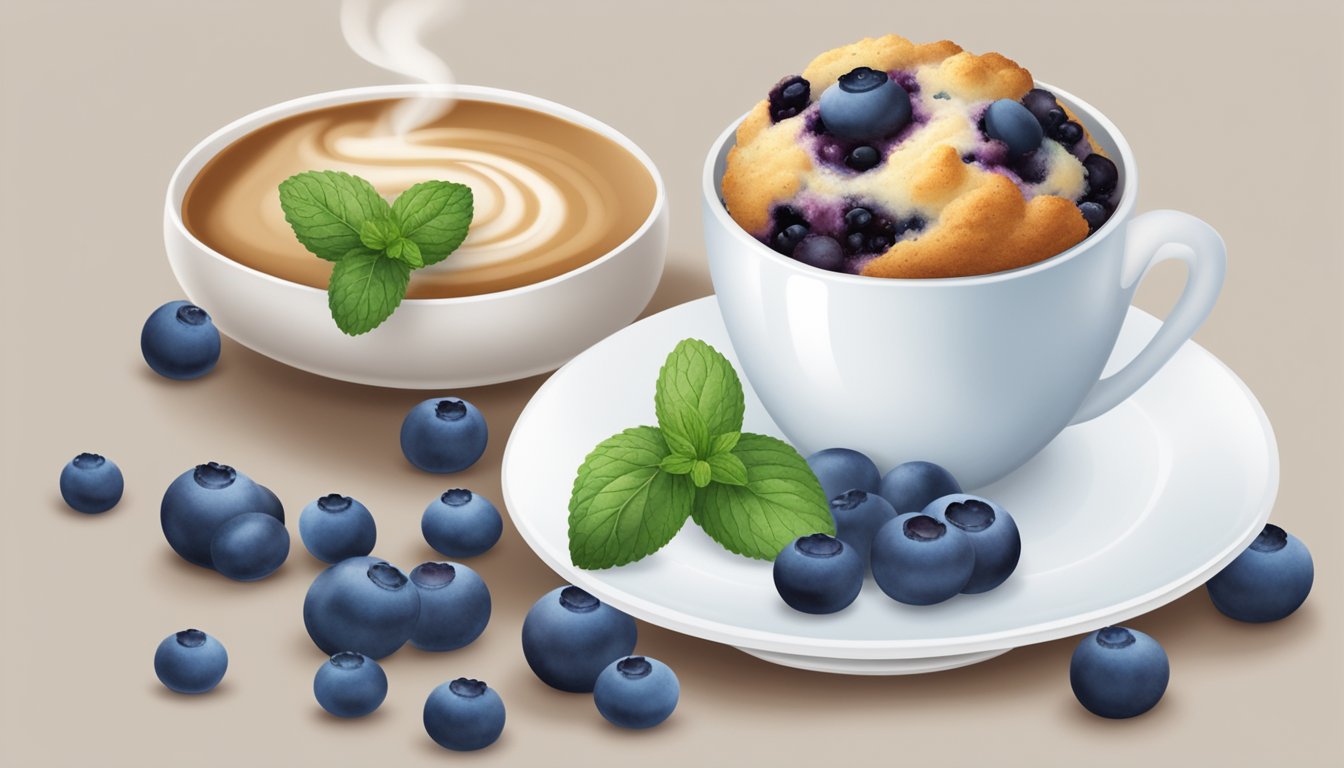 A blueberry muffin sits on a white plate, surrounded by fresh blueberries and a sprig of mint. A steaming cup of coffee sits beside it