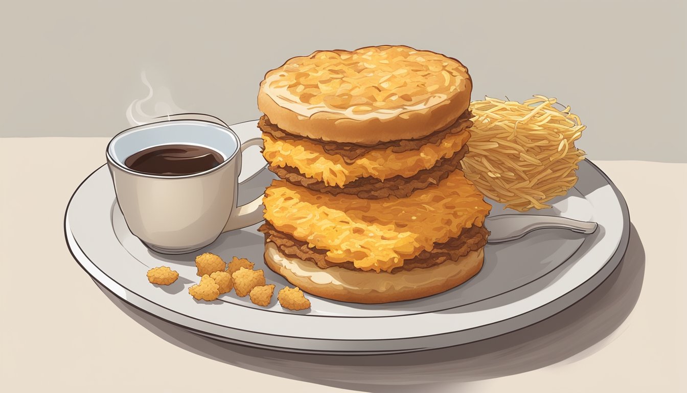 A golden-brown cheddar biscuit sandwich sits on a white plate, surrounded by a scattering of crispy hash browns and a steaming cup of coffee