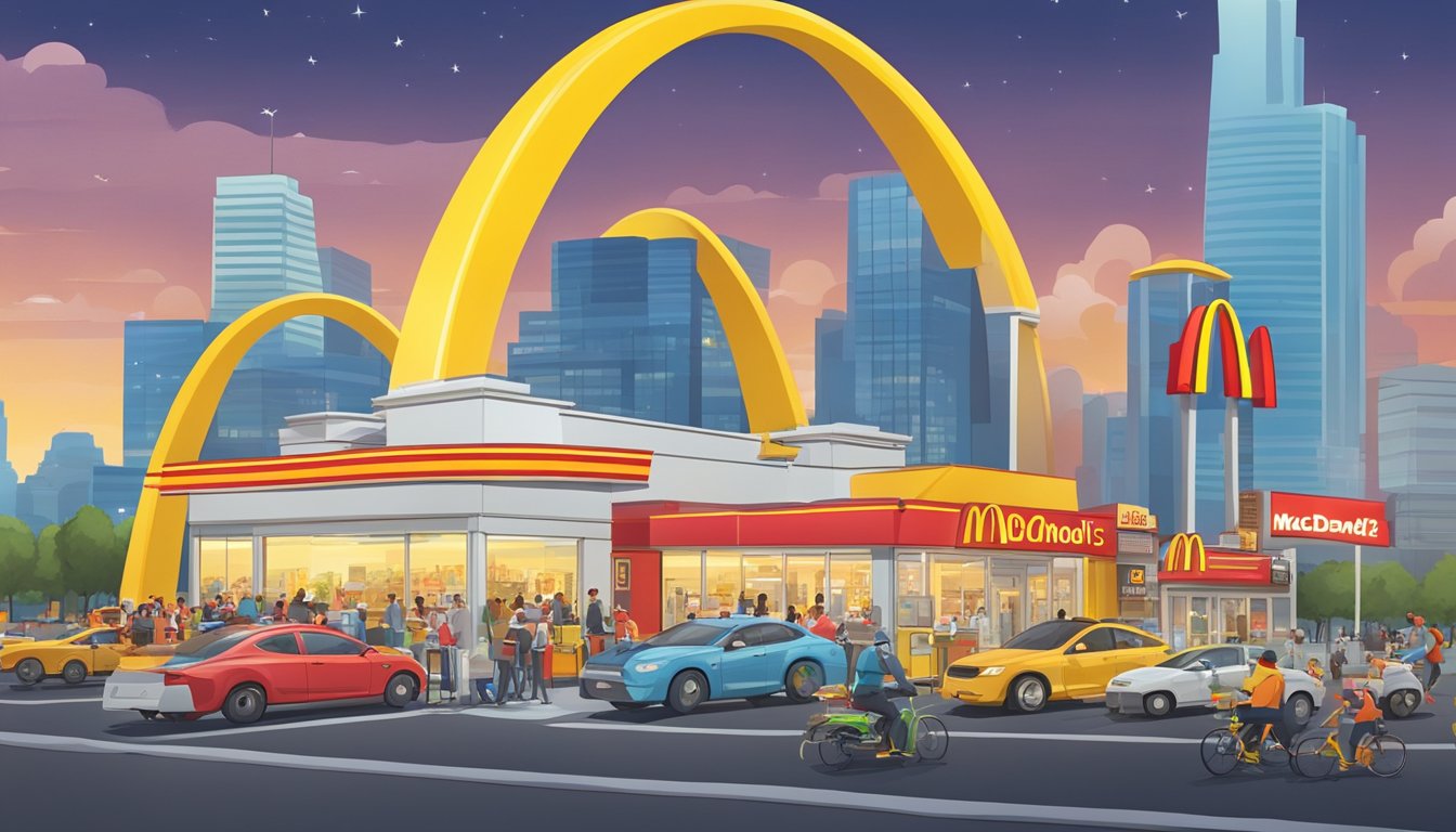 A bustling city skyline with iconic golden arches rising above a crowded McDonald's breakfast drive-thru, surrounded by animated movie characters enjoying the popular fast food