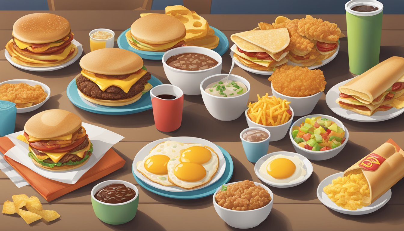 A colorful spread of various McDonald's breakfast menu items arranged on a table, including pancakes, breakfast burritos, and hash browns