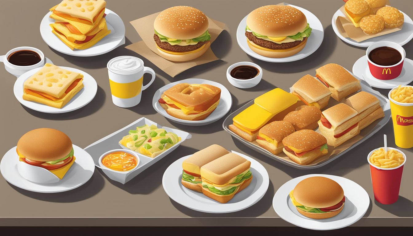 A colorful display of 15 McDonald's breakfast menu items arranged on a table, including various sandwiches, wraps, and pastries