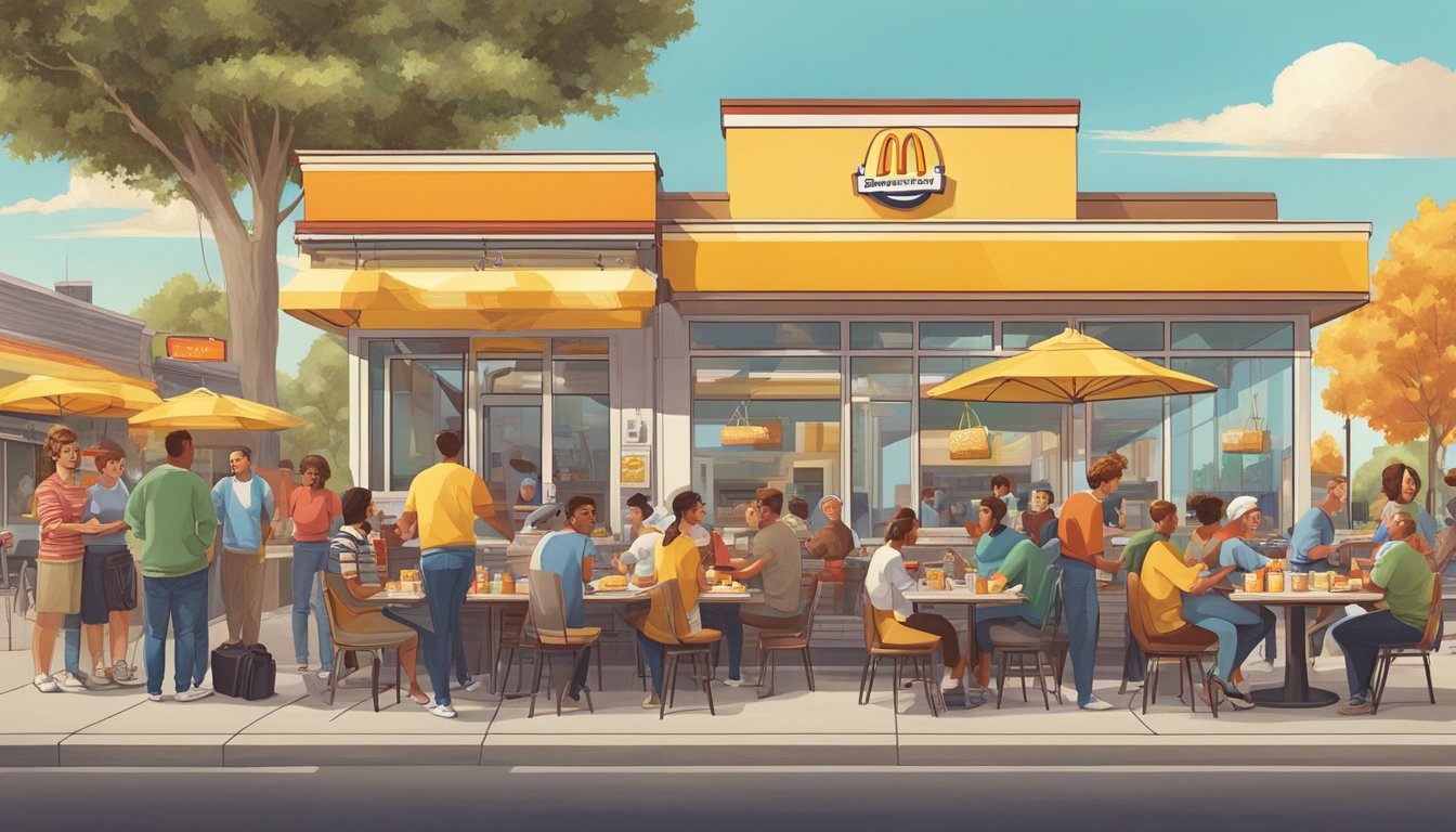 A bustling McDonald's breakfast scene with iconic menu items and customers enjoying their meals, while pop culture references surround the restaurant