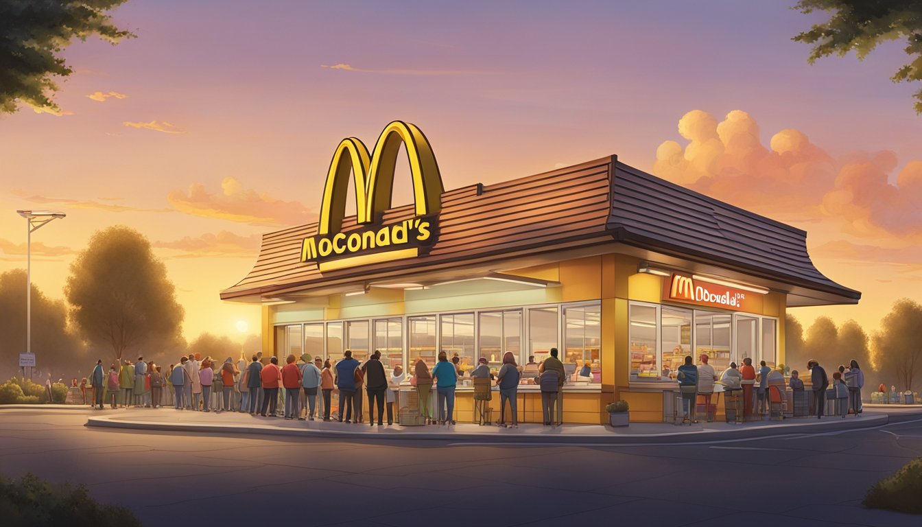 A bustling McDonald's restaurant at dawn, with a line of customers eagerly waiting to order their iconic breakfast items. The golden arches stand tall against the morning sky, symbolizing the widespread influence of McDonald's breakfast on pop culture