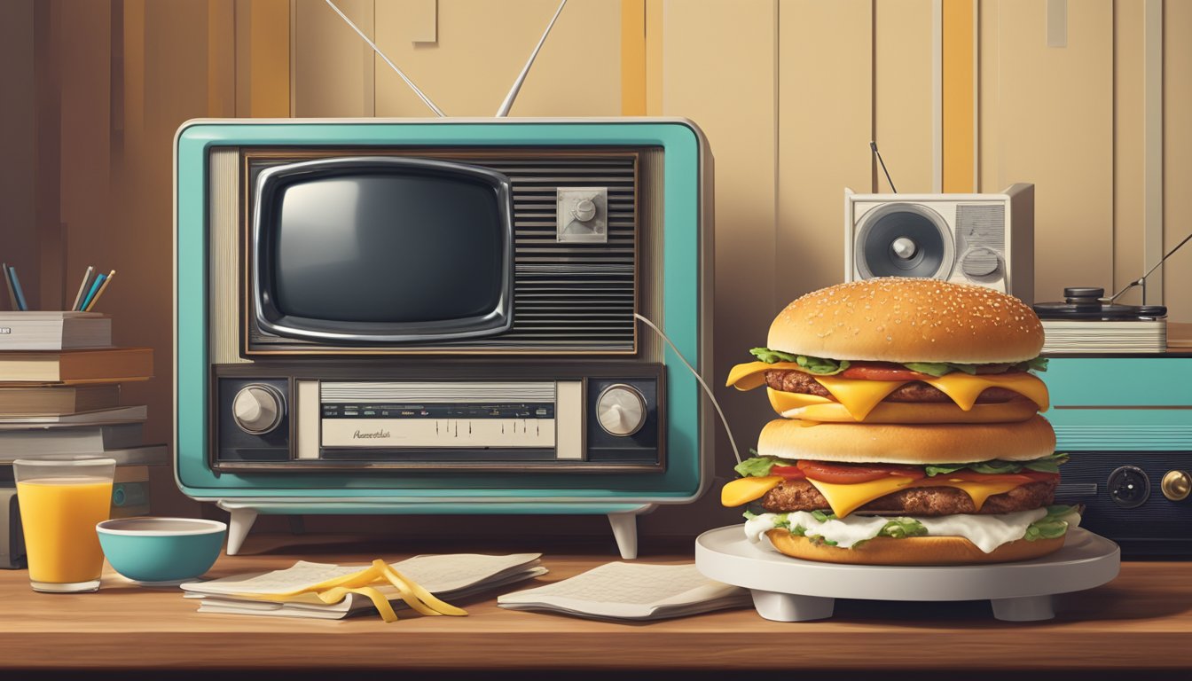 A McDonald's breakfast sandwich sits next to a vintage TV and a retro record player, with music notes and TV waves emanating from them