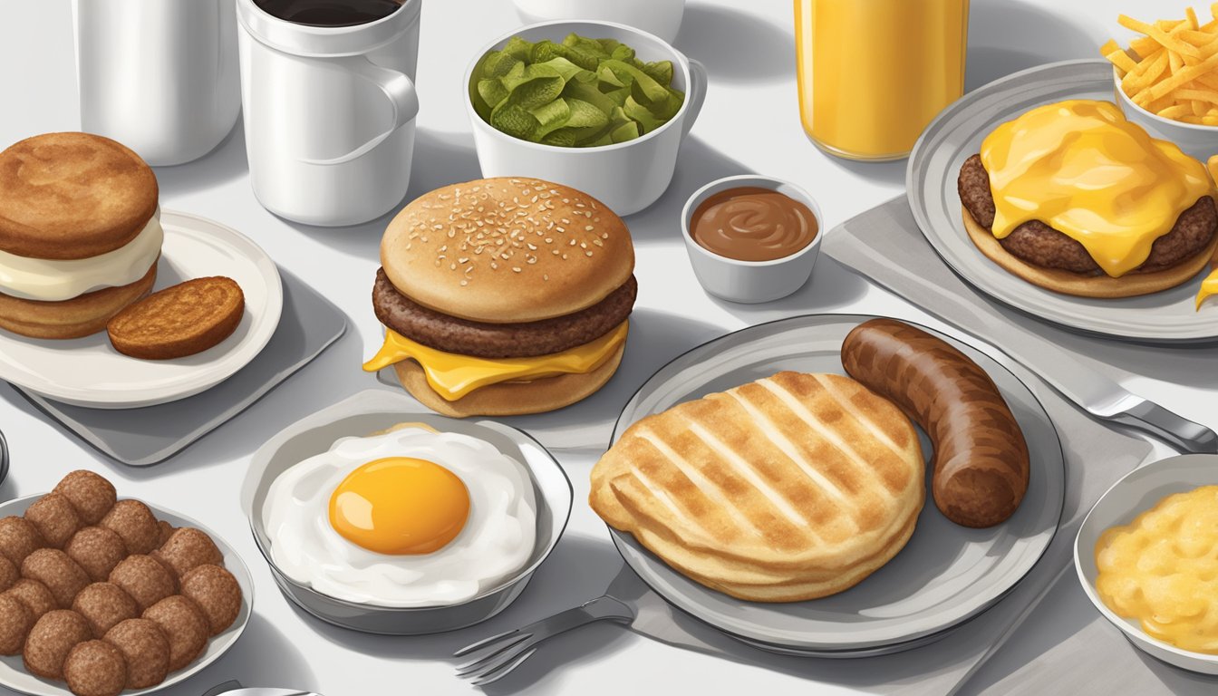 A Sausage McMuffin without the muffin placed on a plate alongside other keto-friendly breakfast items from McDonald's