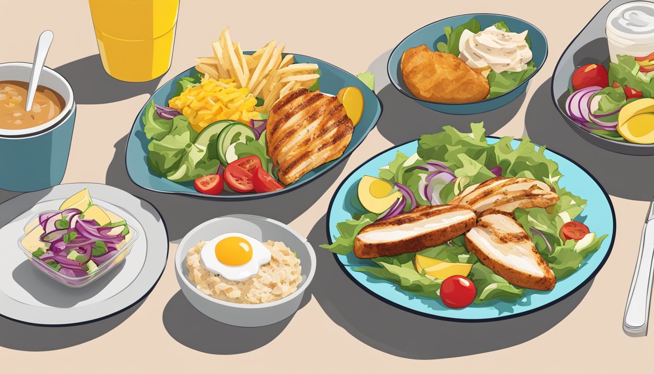 A colorful plate with grilled chicken salad, no dressing, surrounded by keto-friendly McDonald's breakfast items