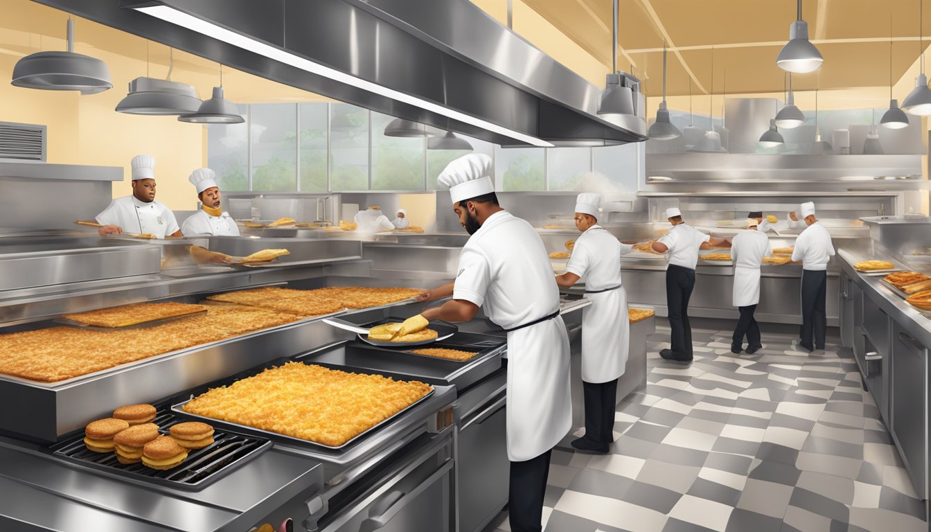 A bustling McDonald's kitchen with sizzling griddles, stacks of golden hash browns, and a chef flipping them with a spatula