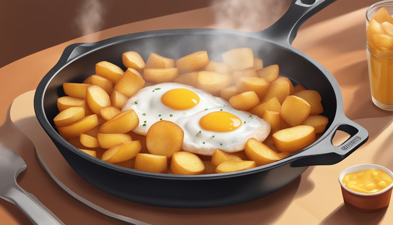 A sizzling skillet of golden, crispy McDonald's breakfast potatoes surrounded by a halo of steam, with a side of ketchup and a sprinkle of salt