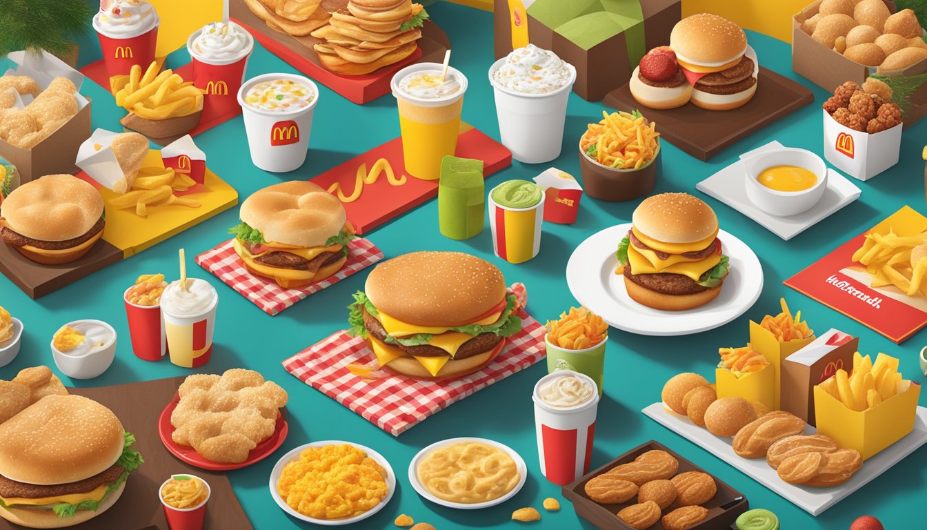 A vibrant display of 12 McDonald's breakfast items, surrounded by seasonal decorations and a "limited-time offering" sign