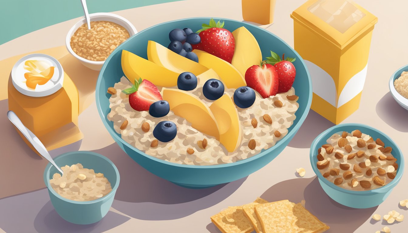 A bowl of fruit and maple oatmeal surrounded by gluten-free McDonald's breakfast items