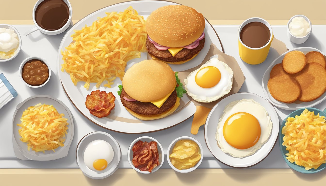 A plate of golden hash browns surrounded by McDonald's breakfast items, including eggs, bacon, and sausage, all displayed on a clean, white table