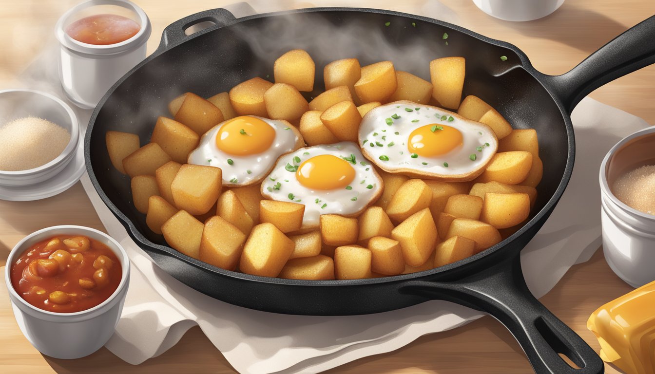 A sizzling skillet of golden-brown McDonald's breakfast potatoes surrounded by steam, with a side of ketchup and a sprinkle of salt