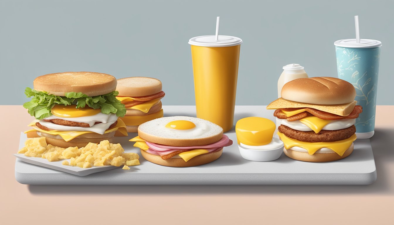 A breakfast sandwich with egg, cheese, and Canadian bacon, surrounded by other gluten-free McDonald's breakfast items