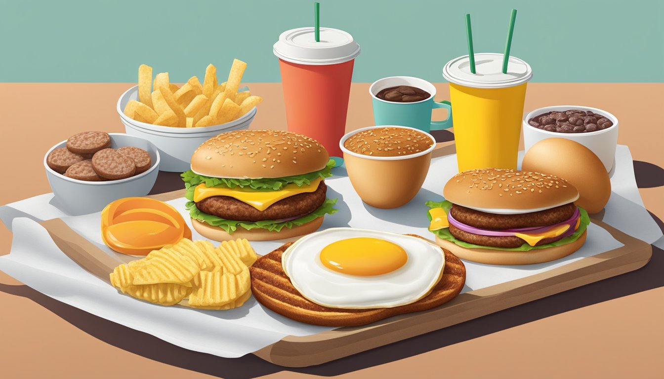 A colorful breakfast spread with a sausage patty, eggs, and other gluten-free McDonald's items arranged on a tray