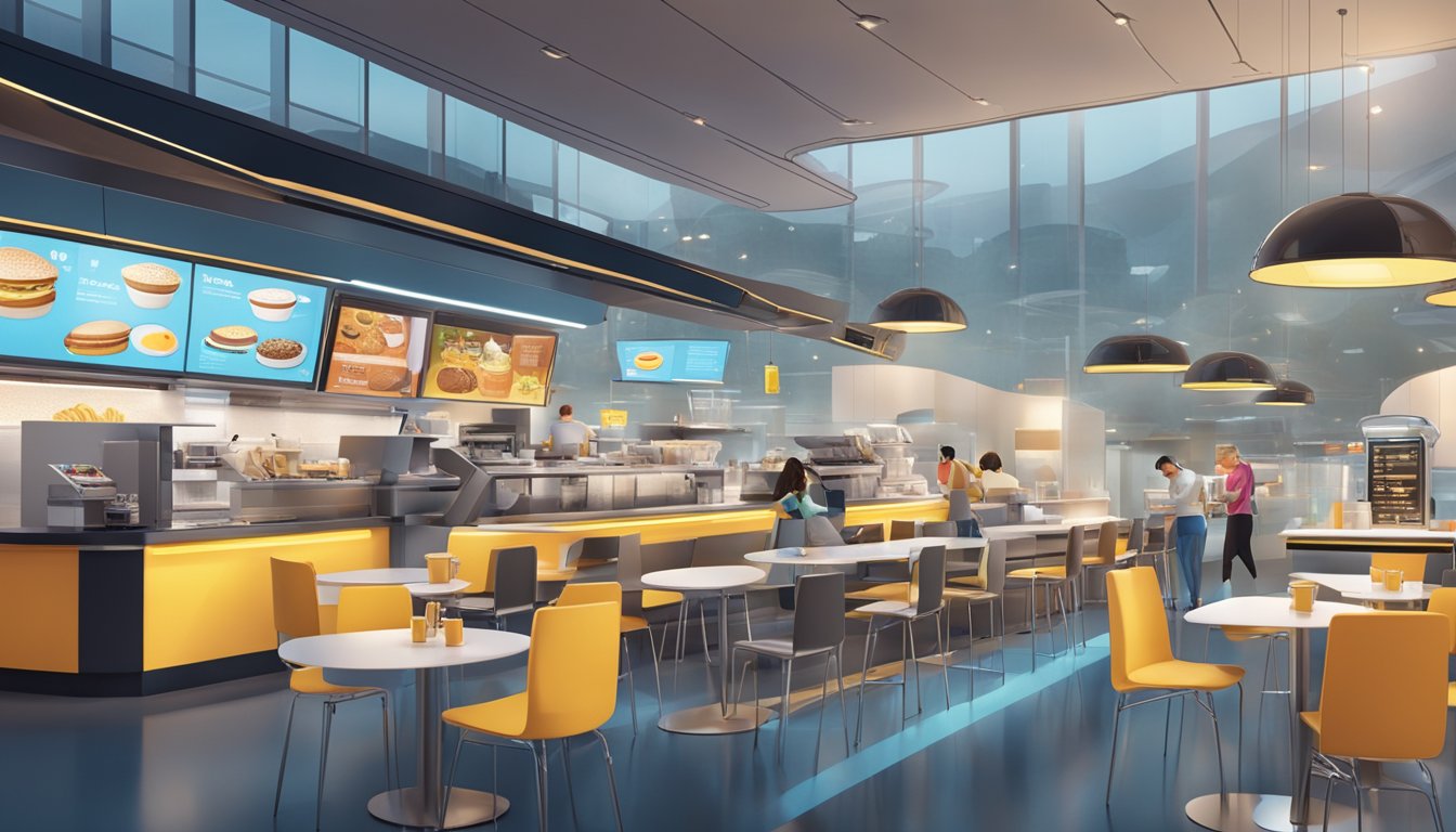 A bustling McDonald's breakfast counter with a variety of high-quality coffee options on display, surrounded by modern and futuristic decor in the year 2025