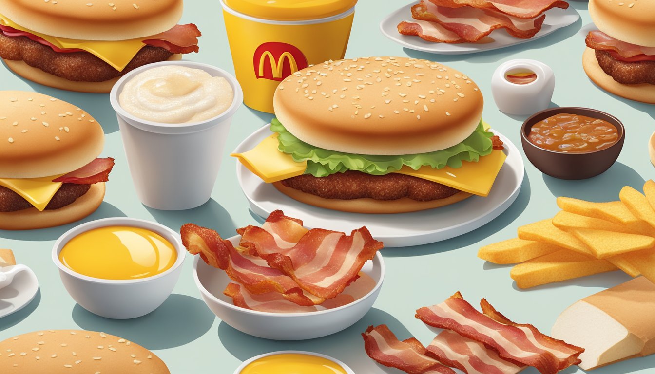 A spread of McDonald's breakfast items with a bacon slice on a gluten-free background