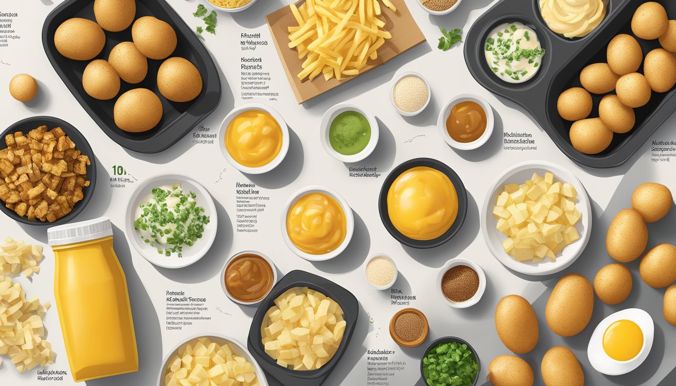 A spread of McDonald's breakfast potatoes surrounded by ingredients and nutritional information labels