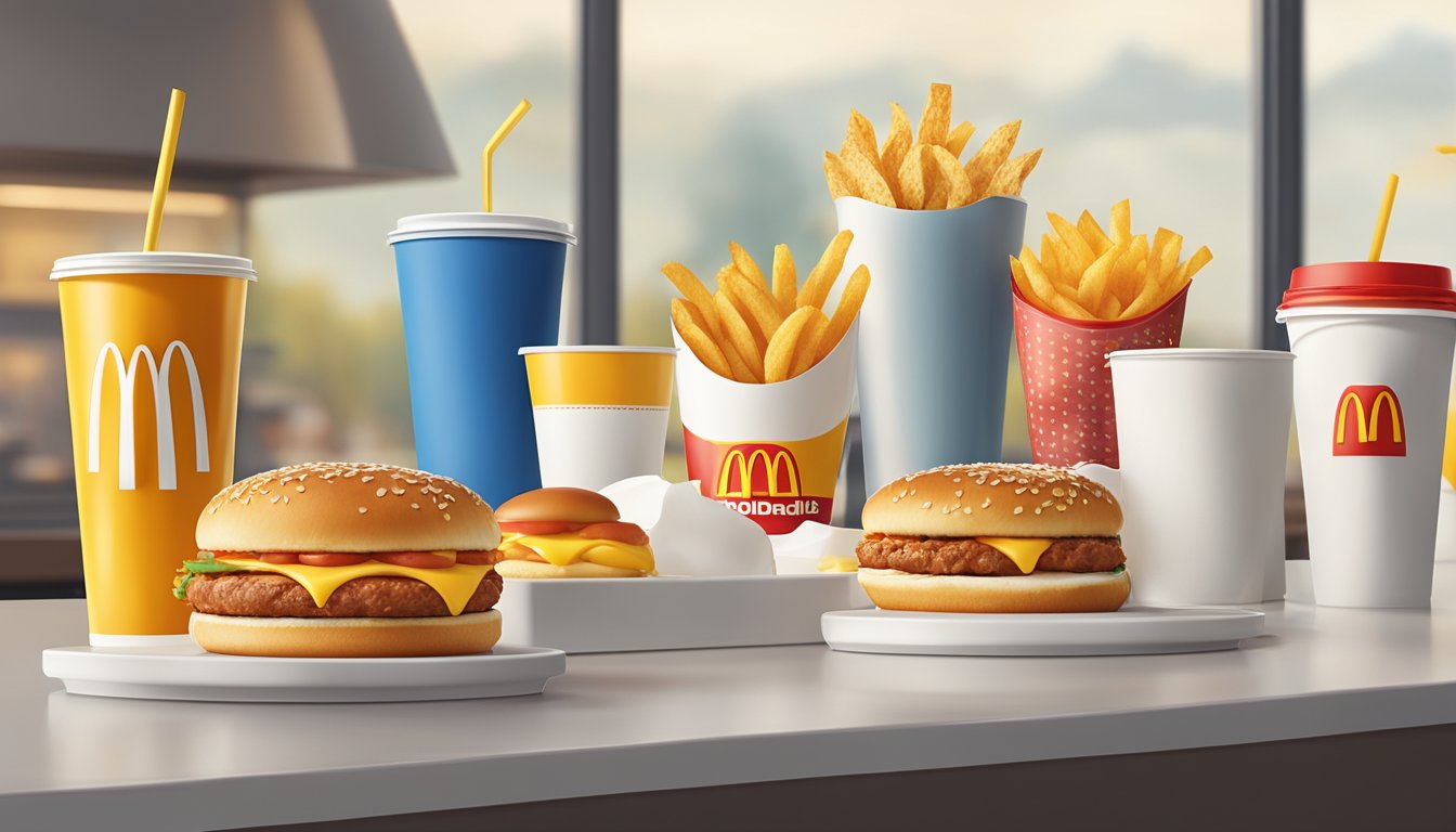 A row of McDonald's breakfast items displayed on a counter, with the iconic golden arches logo in the background