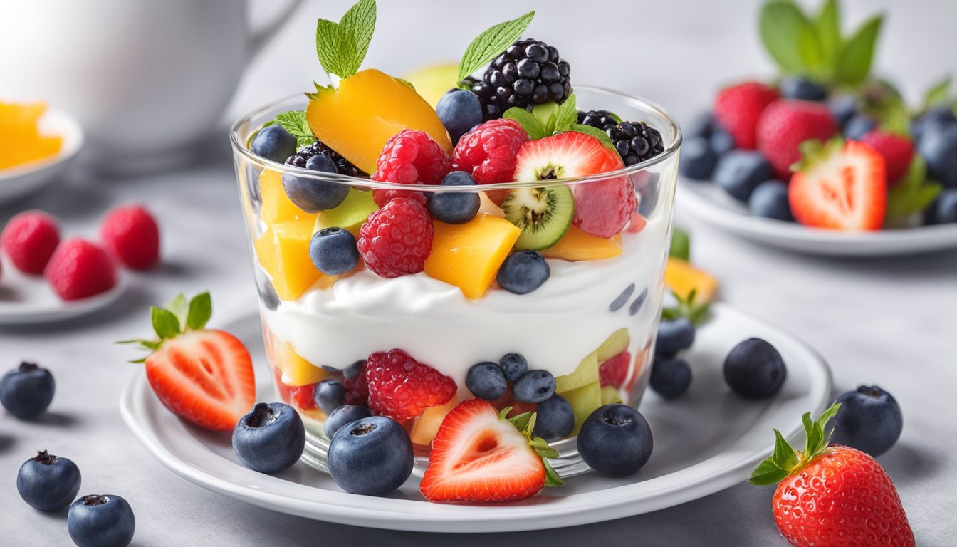 A colorful fruit and yogurt parfait sits on a white plate, surrounded by fresh berries and a dollop of creamy yogurt