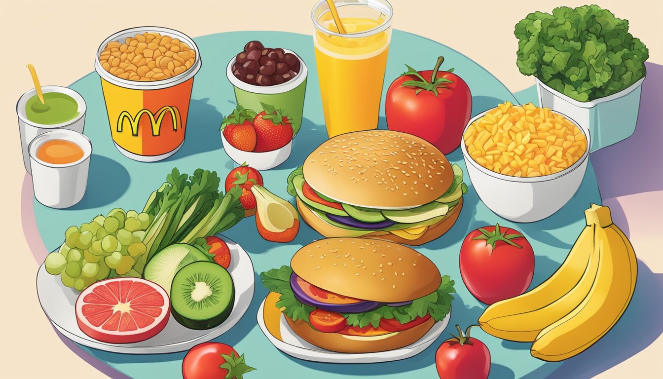 A colorful array of fresh vegetables and fruits arranged on a plate, with a variety of McDonald's breakfast items placed alongside, all free of gluten